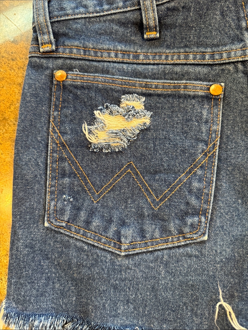 Wrangler Dark Blue Distressed Denim custom Cutoff Shorts - Picture 4 of 7